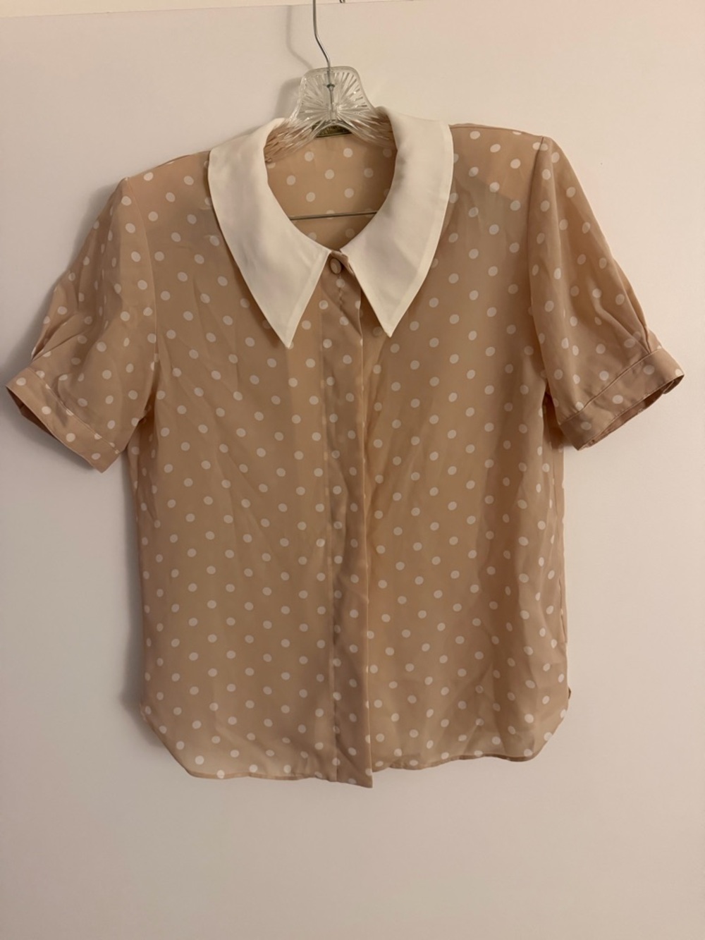 Cream Polka Dot Short Sleeve Blouse with White Peter Pan Collar